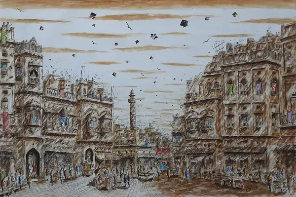 Nisar Ahmed, Pen & Ink on Canvas, Old Lahore