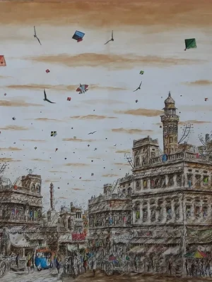 Nisar Ahmed, Pen & Ink on Canvas, Old Lahore